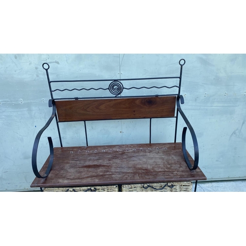 86 - Natural Rattan, Wrought Iron and Wood 2-Seat Bench (87 W. x 37 D. x 111cm H.)