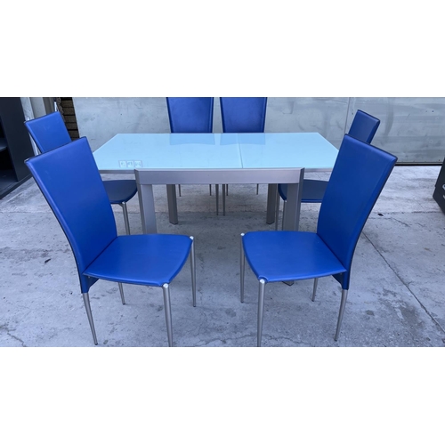 90 - Calligaris Tempered Glass Top Modern Extendable 
 Dining/Kitchen Table with 6 Blue Electric Leather ... 