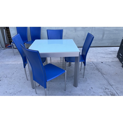 90 - Calligaris Tempered Glass Top Modern Extendable 
 Dining/Kitchen Table with 6 Blue Electric Leather ... 