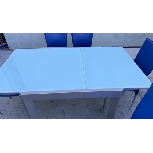 90 - Calligaris Tempered Glass Top Modern Extendable 
 Dining/Kitchen Table with 6 Blue Electric Leather ... 