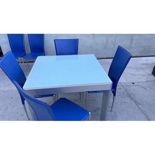 90 - Calligaris Tempered Glass Top Modern Extendable 
 Dining/Kitchen Table with 6 Blue Electric Leather ... 