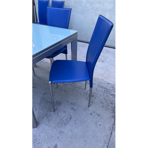 90 - Calligaris Tempered Glass Top Modern Extendable 
 Dining/Kitchen Table with 6 Blue Electric Leather ... 