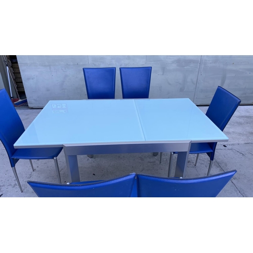 90 - Calligaris Tempered Glass Top Modern Extendable 
 Dining/Kitchen Table with 6 Blue Electric Leather ... 