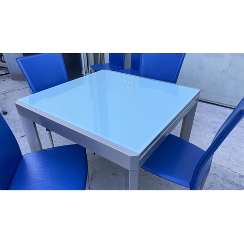 90 - Calligaris Tempered Glass Top Modern Extendable 
 Dining/Kitchen Table with 6 Blue Electric Leather ... 