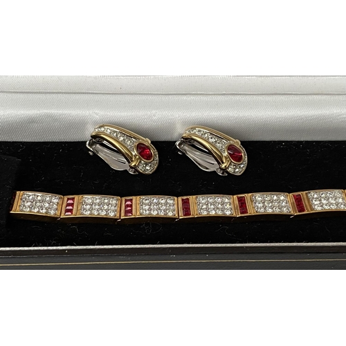 258 - Bracelet (19cm L.) in Yellow Tone Set in White & Red Rhinestones and Matching Clip on Earrings Taken... 