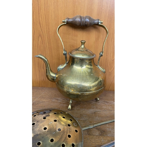 59 - Rare Find Vintage Brass Hot Coal Carrier/Bed Warmer with Handle Together with Solid Brass Tea Pot