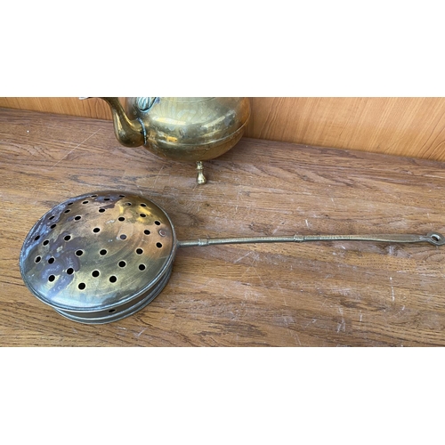 59 - Rare Find Vintage Brass Hot Coal Carrier/Bed Warmer with Handle Together with Solid Brass Tea Pot