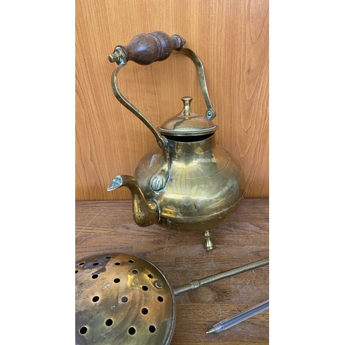 59 - Rare Find Vintage Brass Hot Coal Carrier/Bed Warmer with Handle Together with Solid Brass Tea Pot