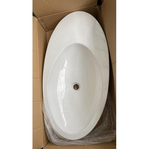 93 - Sanitec White Over The Counter Long Porcelain Sink (Unused, Boxed - 91 x 46 x 17cm)