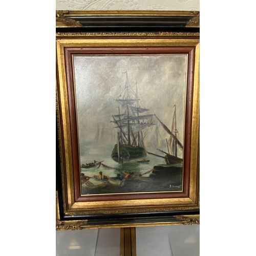 41 - Antique 19th Century Oil on Canvas Sailing Ship Painting in Carved and Gilt Frame (59 x 68cm)