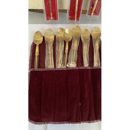 213 - x3 Enamel and Metal Gold Plated and 7 Demitasse Tea Spoons with Brass Teak Inlaid Wood Made in Thail... 