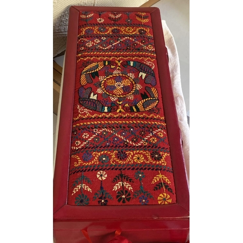 229 - Traditional Embroidered Wooden Jewellery Box with Inside Velvet (45.5 W. x 18cm D.)