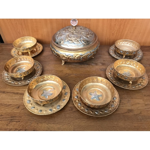 109 - Vintage Set of Gold/Silver Plated Large Lidded Bowl with 6 Footed Bowls and Saucers