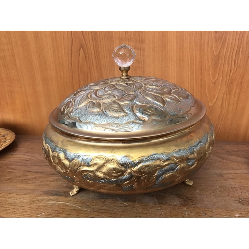 109 - Vintage Set of Gold/Silver Plated Large Lidded Bowl with 6 Footed Bowls and Saucers