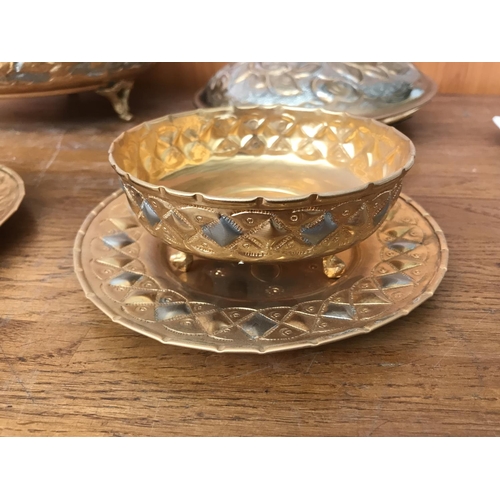 109 - Vintage Set of Gold/Silver Plated Large Lidded Bowl with 6 Footed Bowls and Saucers