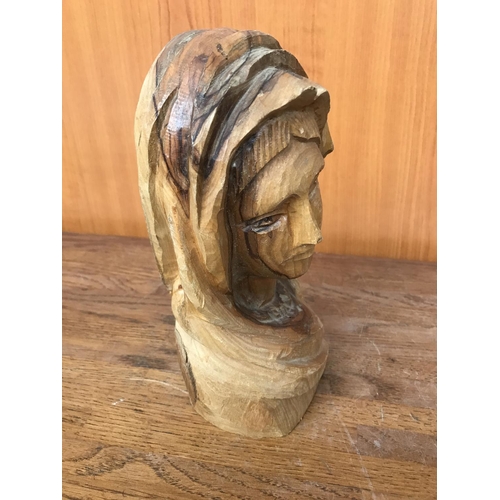 141 - Carved Pine Wood Virgin Mary Statue Figure (20cm H.)