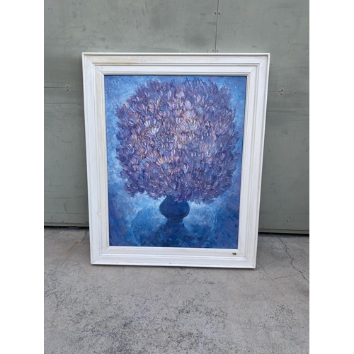 650 - Large Canvas Painting Themed 'Flowers' with White Wooden Frame Signed by Russian Artist 'Oleg Frolov... 