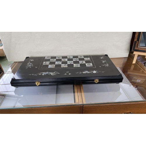 654 - Chinese Lacquered Games Board Vintage Asian Chess and Backgammon Board with Mother of Pearls Inlay (... 