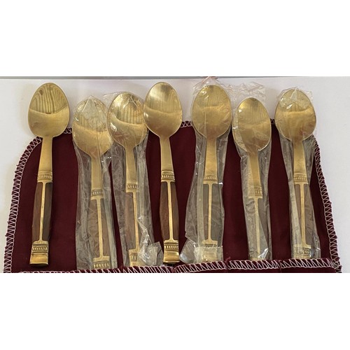 213 - x3 Enamel and Metal Gold Plated and 7 Demitasse Tea Spoons with Brass Teak Inlaid Wood Made in Thail... 