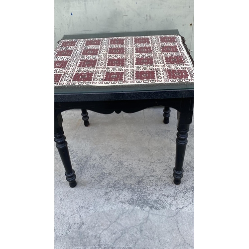 132 - Black Painted Square Side Table with Top Glass Protection and Embroidered cloth Underglass (59 W. x ... 