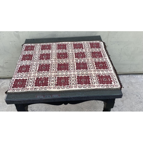 132 - Black Painted Square Side Table with Top Glass Protection and Embroidered cloth Underglass (59 W. x ... 