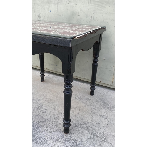 132 - Black Painted Square Side Table with Top Glass Protection and Embroidered cloth Underglass (59 W. x ... 