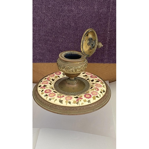 15 - Antique Brass and Enamel Desk Inkwell (Bottom Diameter 18cm, 14cm H.)