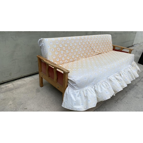 192 - Vintage Wooden 3-Seat Sofa-Bed with Cover