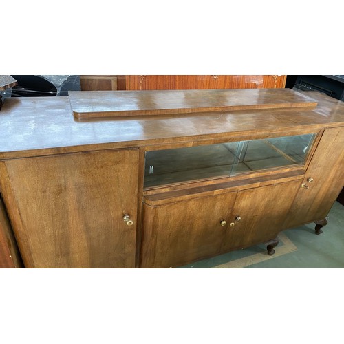 190 - Large Antique Art Deco Walnut Buffet Unit with Mirrored Shelves and Bow Legs (210 W. x 55 D. x 104cm... 