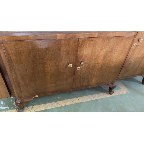 190 - Large Antique Art Deco Walnut Buffet Unit with Mirrored Shelves and Bow Legs (210 W. x 55 D. x 104cm... 