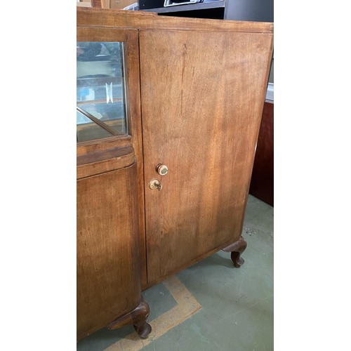 190 - Large Antique Art Deco Walnut Buffet Unit with Mirrored Shelves and Bow Legs (210 W. x 55 D. x 104cm... 