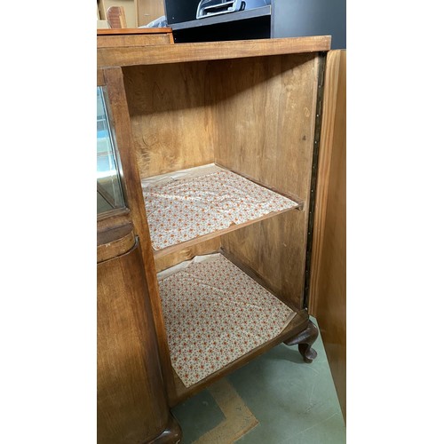 190 - Large Antique Art Deco Walnut Buffet Unit with Mirrored Shelves and Bow Legs (210 W. x 55 D. x 104cm... 