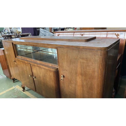 190 - Large Antique Art Deco Walnut Buffet Unit with Mirrored Shelves and Bow Legs (210 W. x 55 D. x 104cm... 