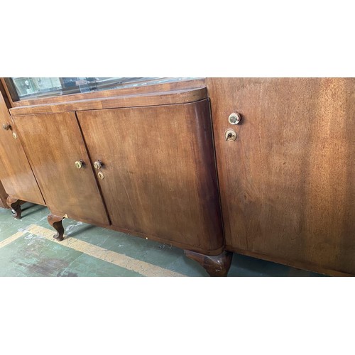 190 - Large Antique Art Deco Walnut Buffet Unit with Mirrored Shelves and Bow Legs (210 W. x 55 D. x 104cm... 