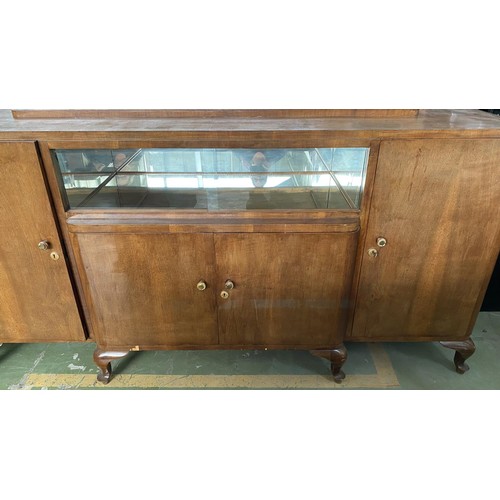 190 - Large Antique Art Deco Walnut Buffet Unit with Mirrored Shelves and Bow Legs (210 W. x 55 D. x 104cm... 