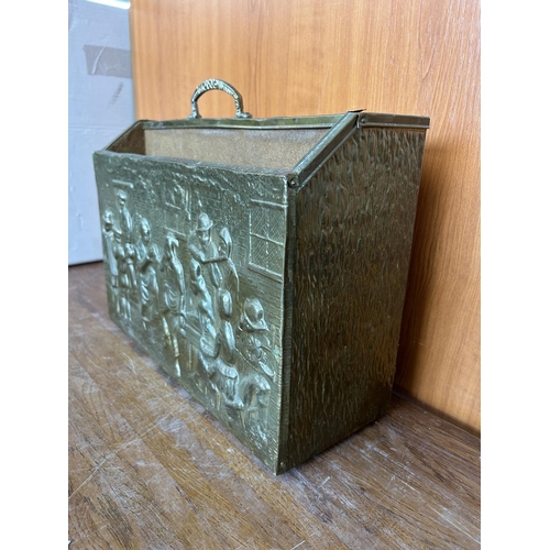 39 - Vintage Carved Brass and Wood Magazine Holder