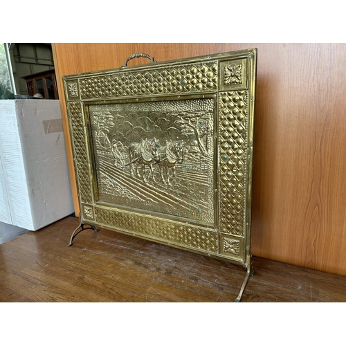 40 - Vintage Carved Brass and Wood Fireplace Guard (53 x 56cm)