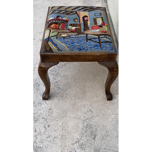 61 - Very Old Embroidered Walnut Stool