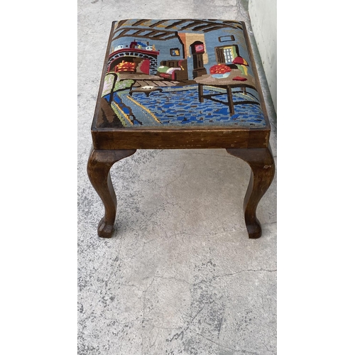 61 - Very Old Embroidered Walnut Stool