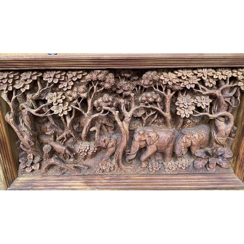 87 - Hand Carved Elephants Scene Teak Panel, Thai Village Teak Wood Panel (70 W. x 10 D. x 36cm H.)