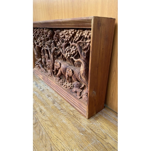 87 - Hand Carved Elephants Scene Teak Panel, Thai Village Teak Wood Panel (70 W. x 10 D. x 36cm H.)