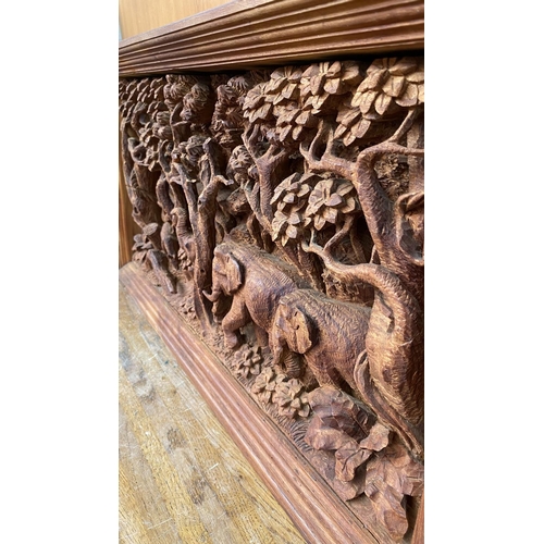 87 - Hand Carved Elephants Scene Teak Panel, Thai Village Teak Wood Panel (70 W. x 10 D. x 36cm H.)