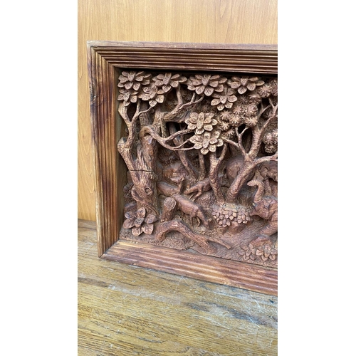 87 - Hand Carved Elephants Scene Teak Panel, Thai Village Teak Wood Panel (70 W. x 10 D. x 36cm H.)