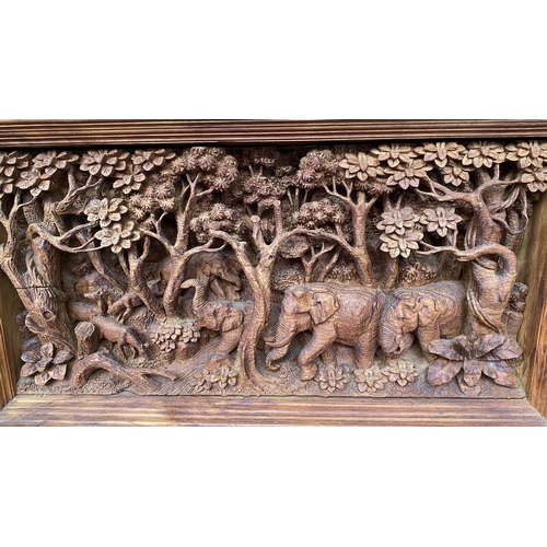 87 - Hand Carved Elephants Scene Teak Panel, Thai Village Teak Wood Panel (70 W. x 10 D. x 36cm H.)