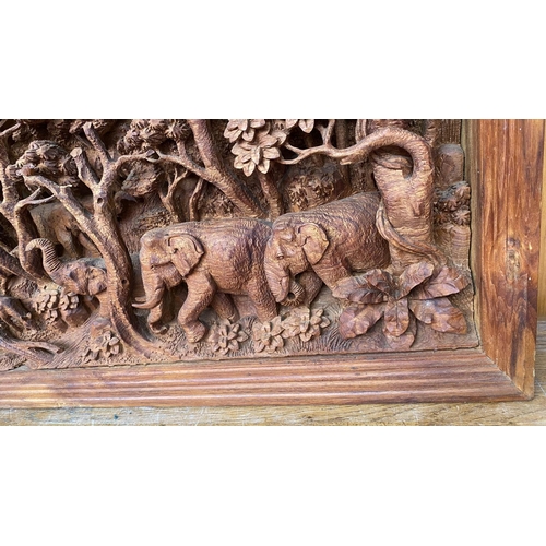 87 - Hand Carved Elephants Scene Teak Panel, Thai Village Teak Wood Panel (70 W. x 10 D. x 36cm H.)