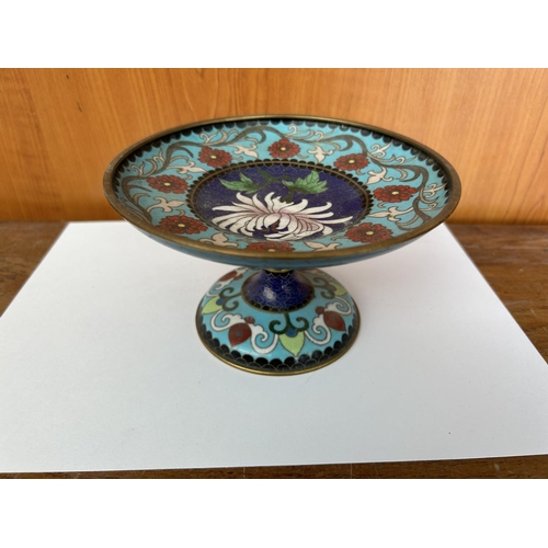 67 - Vintage Chinese Cloisonne Enamel Compote Stem Dish Stand with Flowers (16cm Diameter, 9cm H.)