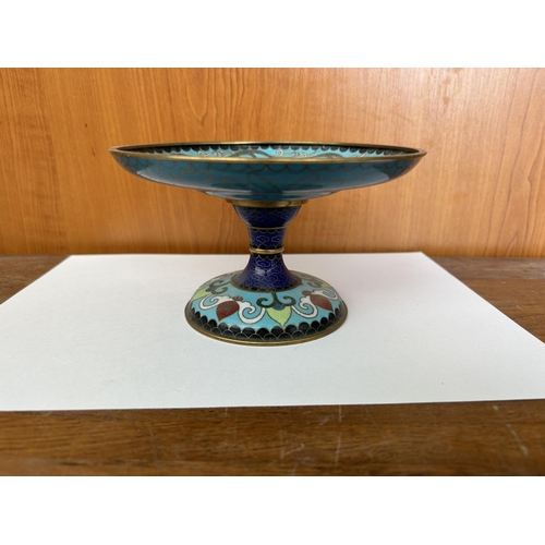 67 - Vintage Chinese Cloisonne Enamel Compote Stem Dish Stand with Flowers (16cm Diameter, 9cm H.)