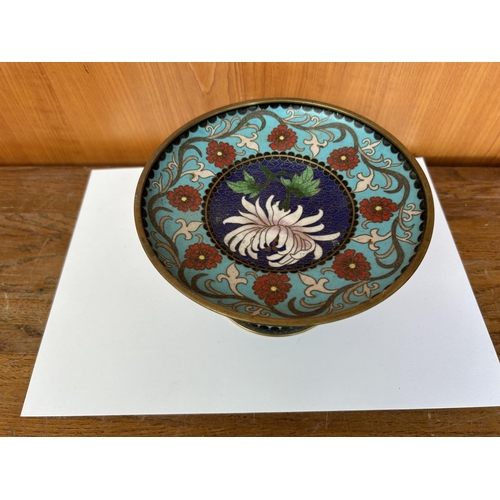 67 - Vintage Chinese Cloisonne Enamel Compote Stem Dish Stand with Flowers (16cm Diameter, 9cm H.)