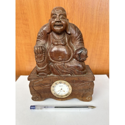 592 - Carved Laughing Buddha Figure with Bottom Clock