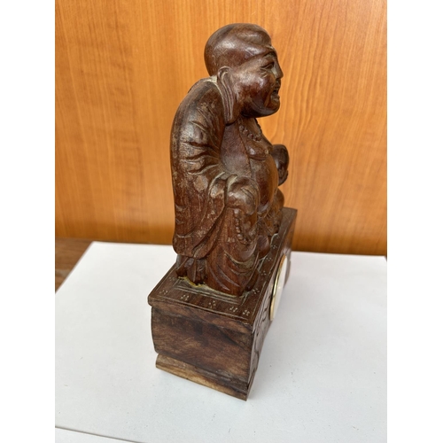 592 - Carved Laughing Buddha Figure with Bottom Clock